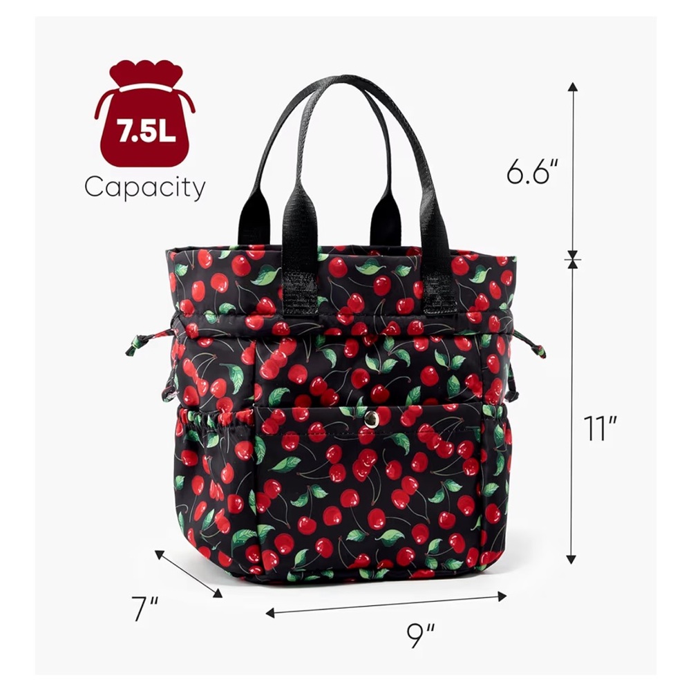 Black Cherry Print Drawstring Insulated Lunch Tot… - image 3